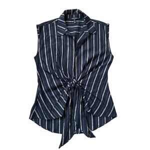 Ellen Tracy M Sleeveless Tie Front Top | Navy Blue Gold Stripe Soft Drape Career